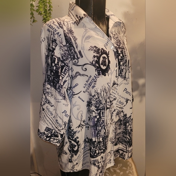 Alia White Paris Scene Print Cropped Sleeve Shirt Sz.16 - Picture 3 of 7